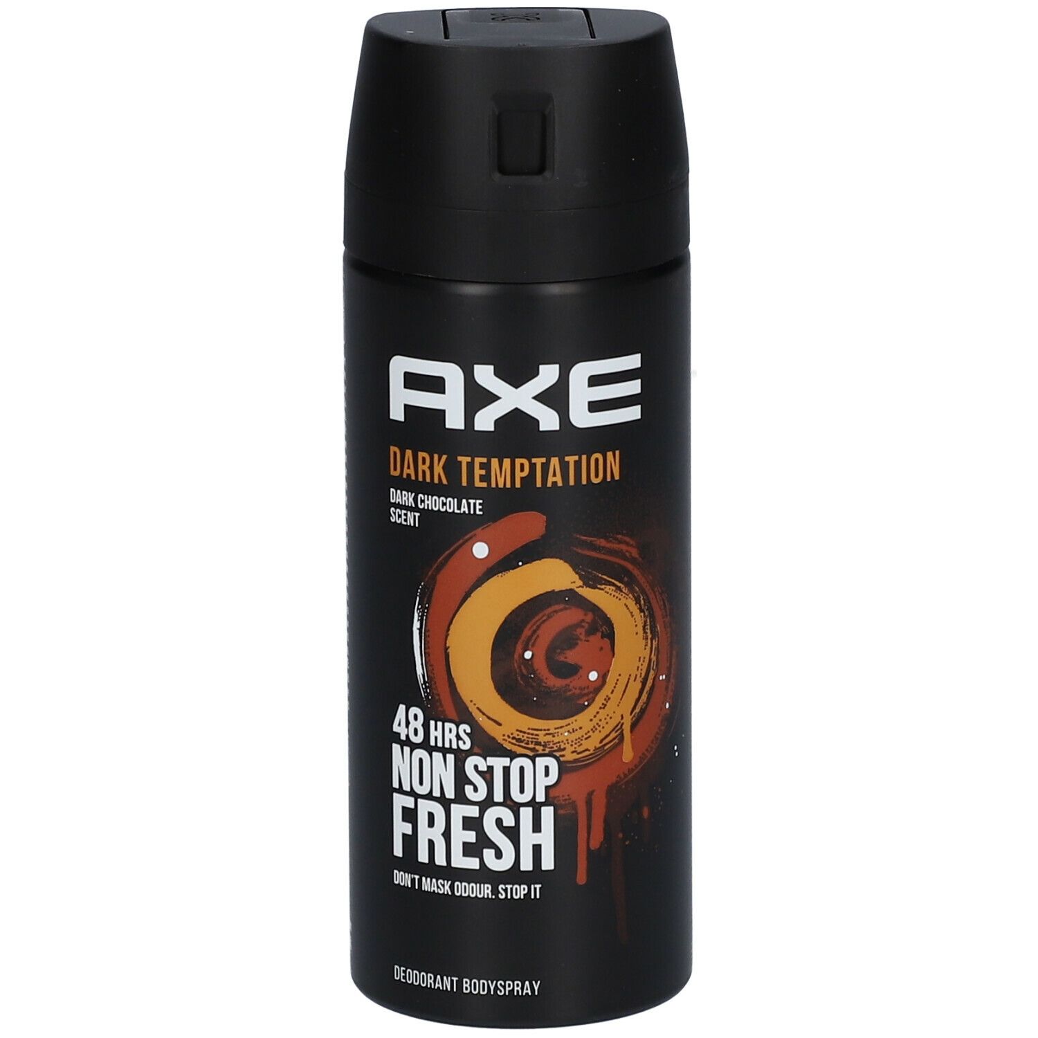 Bombe de déodorant noire. Logo "AXE Dark Temptation". "48 HRS NON STOP FRESH". Design marron foncé.