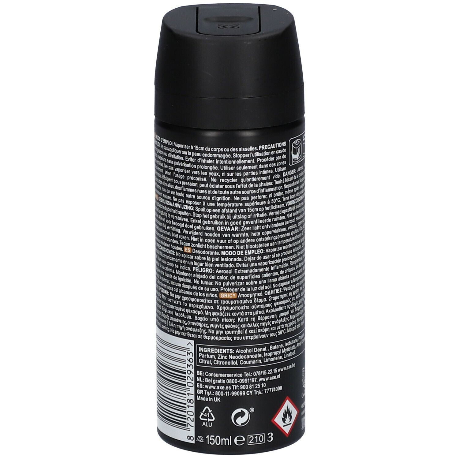 Bombe de déodorant noire. Texte sur le côté. Avertissements, ingrédients et indication de volume.