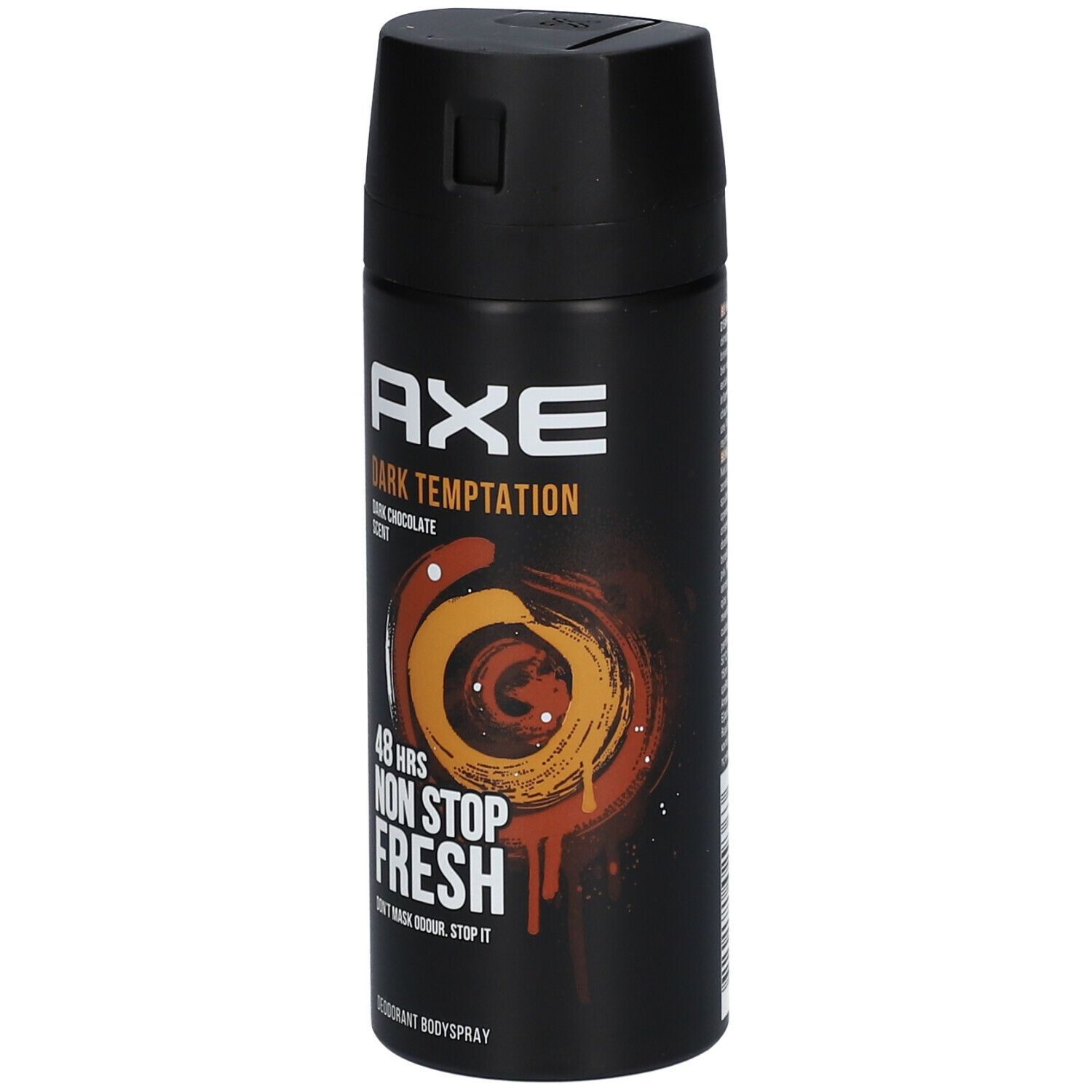 Bombe de déodorant noire. Logo "AXE Dark Temptation". "48 HRS NON STOP FRESH". Design marron foncé.