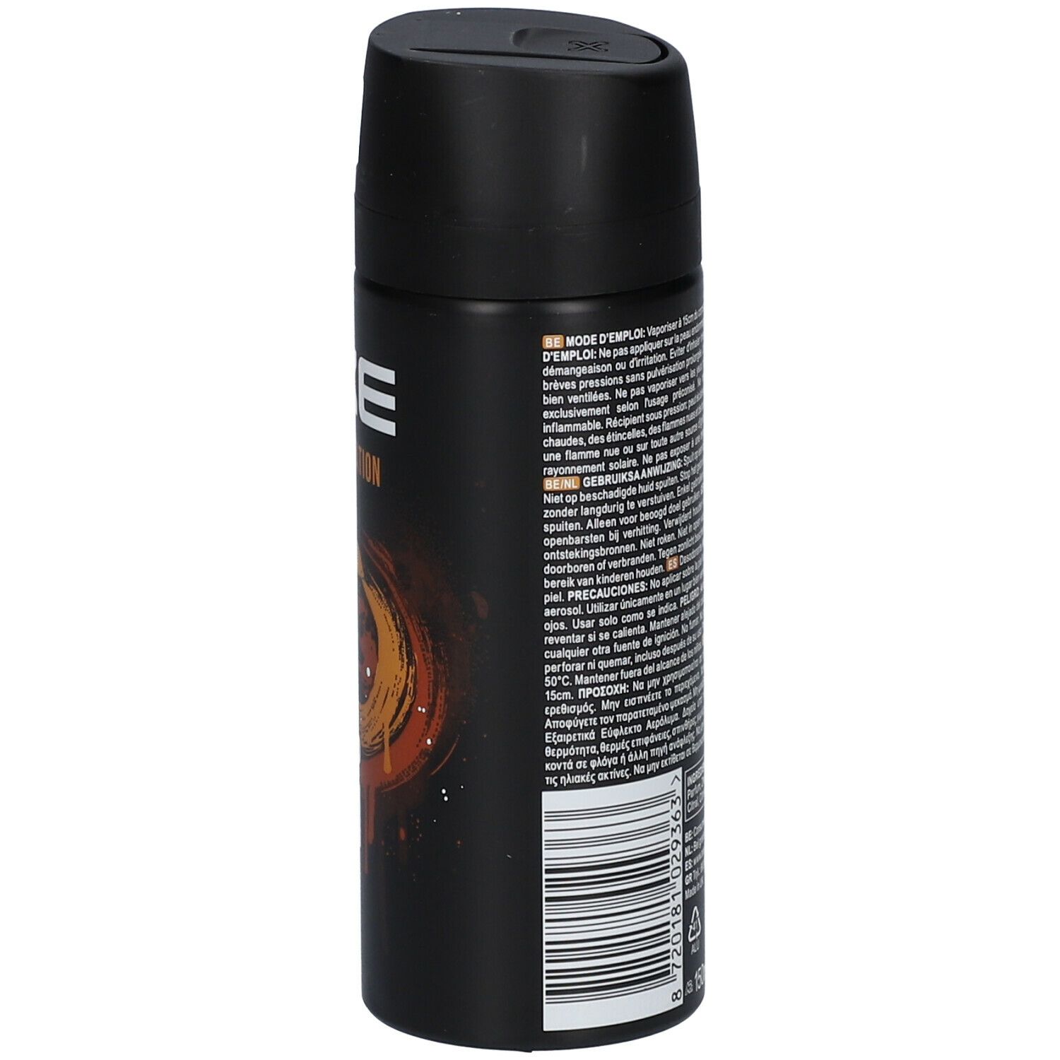 Bombe de déodorant noire. Texte sur le côté. Avertissements, ingrédients et indication de volume.