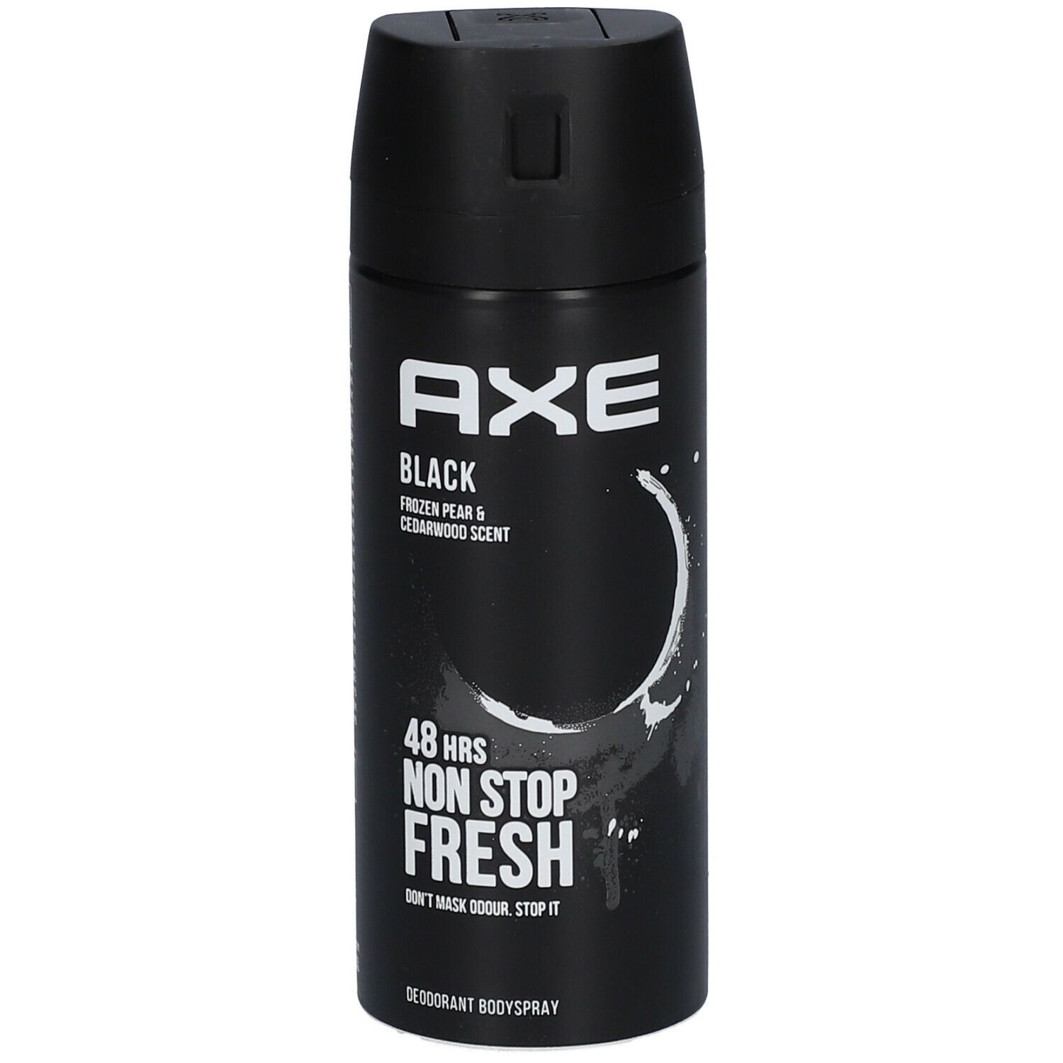 Bombe de déodorant noire avec logo AXE blanc et texte BLACK. Contient 48H Non Stop Fresh. Parfum Poire Givrée & Bois de Cèdre.