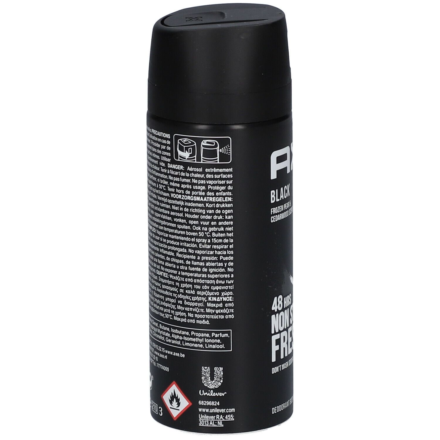 Bombe de déodorant noire avec texte. Contient des avertissements et des ingrédients. Logo Unilever et symbole de flamme.