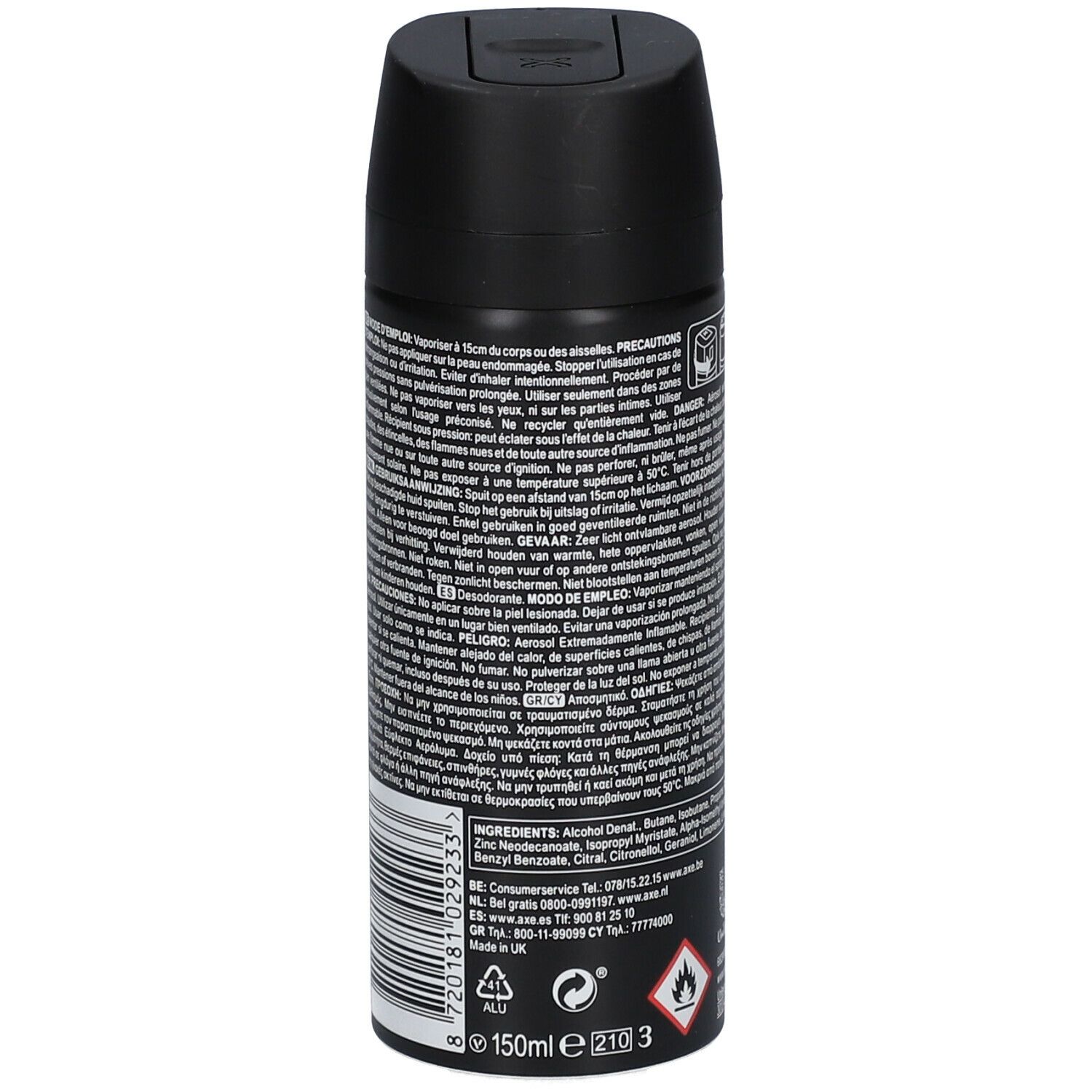 Bombe de déodorant noire avec texte. Contient des avertissements, des ingrédients et un code-barres. 150 ml, symbole de flamme.