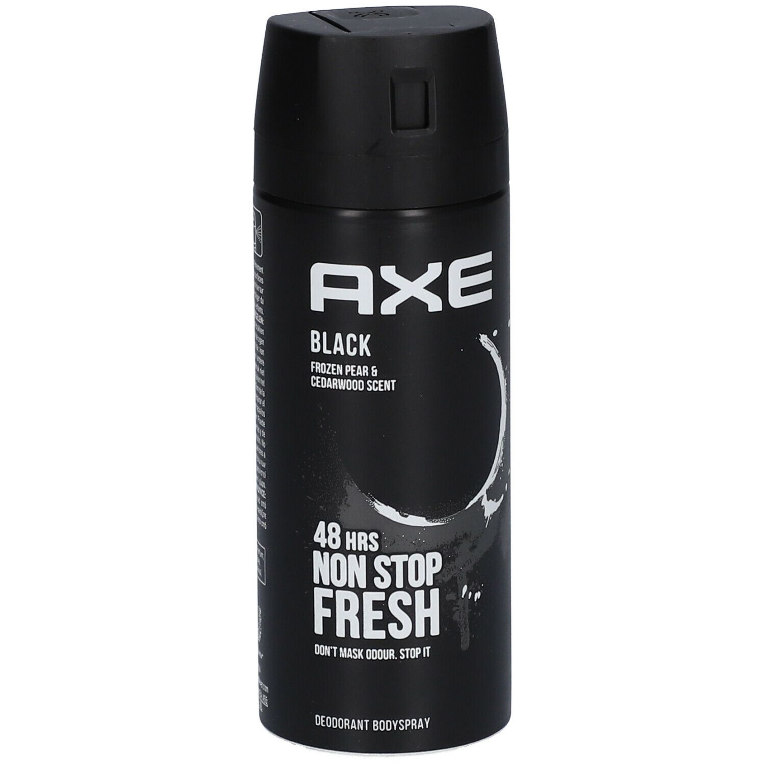 Bombe de déodorant noire avec logo AXE blanc et texte BLACK. Contient 48H Non Stop Fresh. Parfum Poire Givrée & Bois de Cèdre.