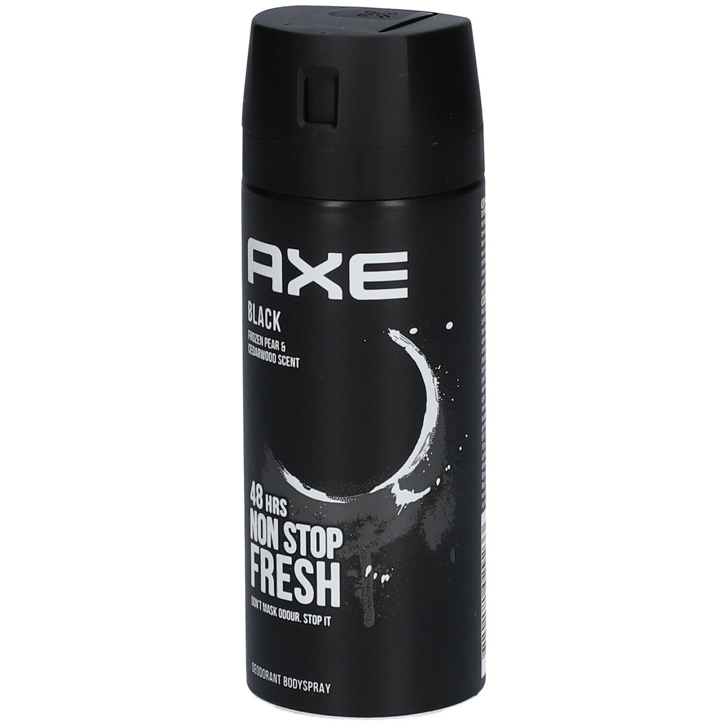 Bombe de déodorant noire avec logo AXE blanc et texte BLACK. Contient 48H Non Stop Fresh. Parfum Poire Givrée & Bois de Cèdre.