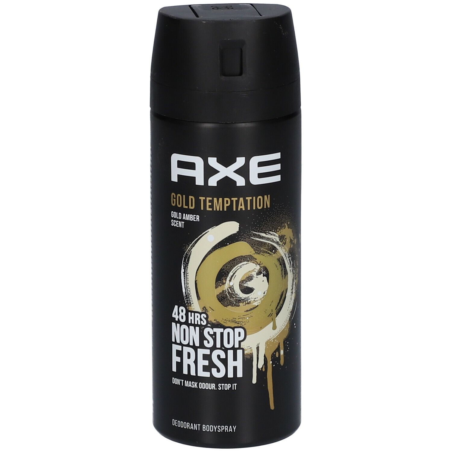 Bombe de déodorant noire. AXE Gold Temptation, 48h Non Stop Fresh. Gold Amber Scent.
