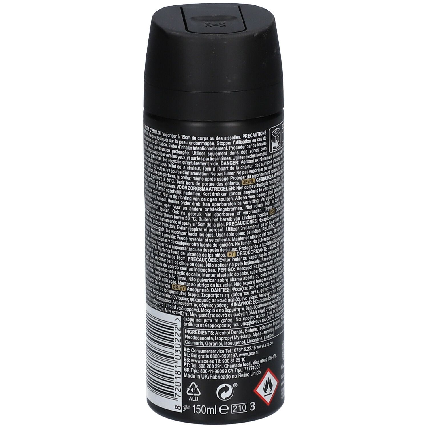 Bombe de déodorant noire. Dos avec texte et avertissements. Code-barres.
