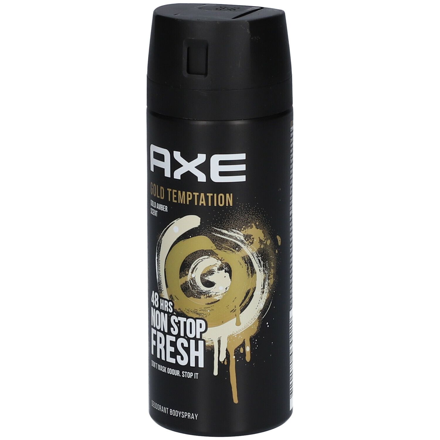 Bombe de déodorant noire. AXE Gold Temptation, 48h Non Stop Fresh. Gold Amber Scent.