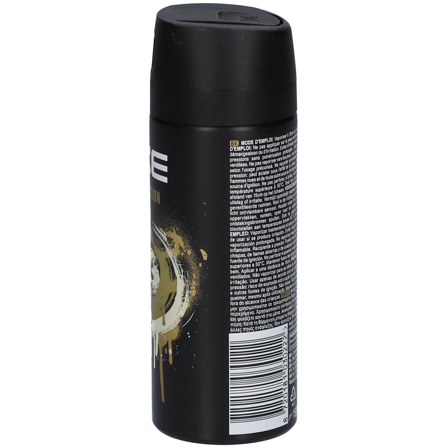 Bombe de déodorant noire. Côté avec texte et avertissements. Code-barres.