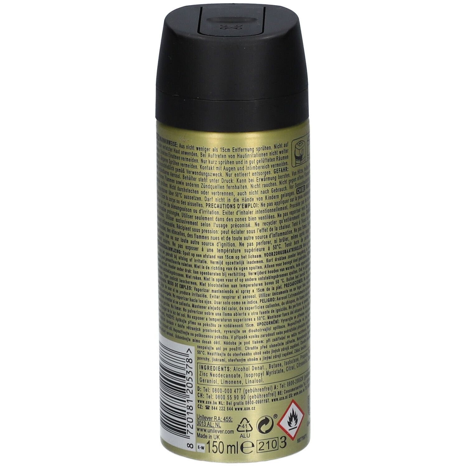 Achterkant van de deodorant spraybus. Tekst in meerdere talen. Ingrediënten, waarschuwingen. Gouden achtergrond met bruine accenten. 150 ml.
