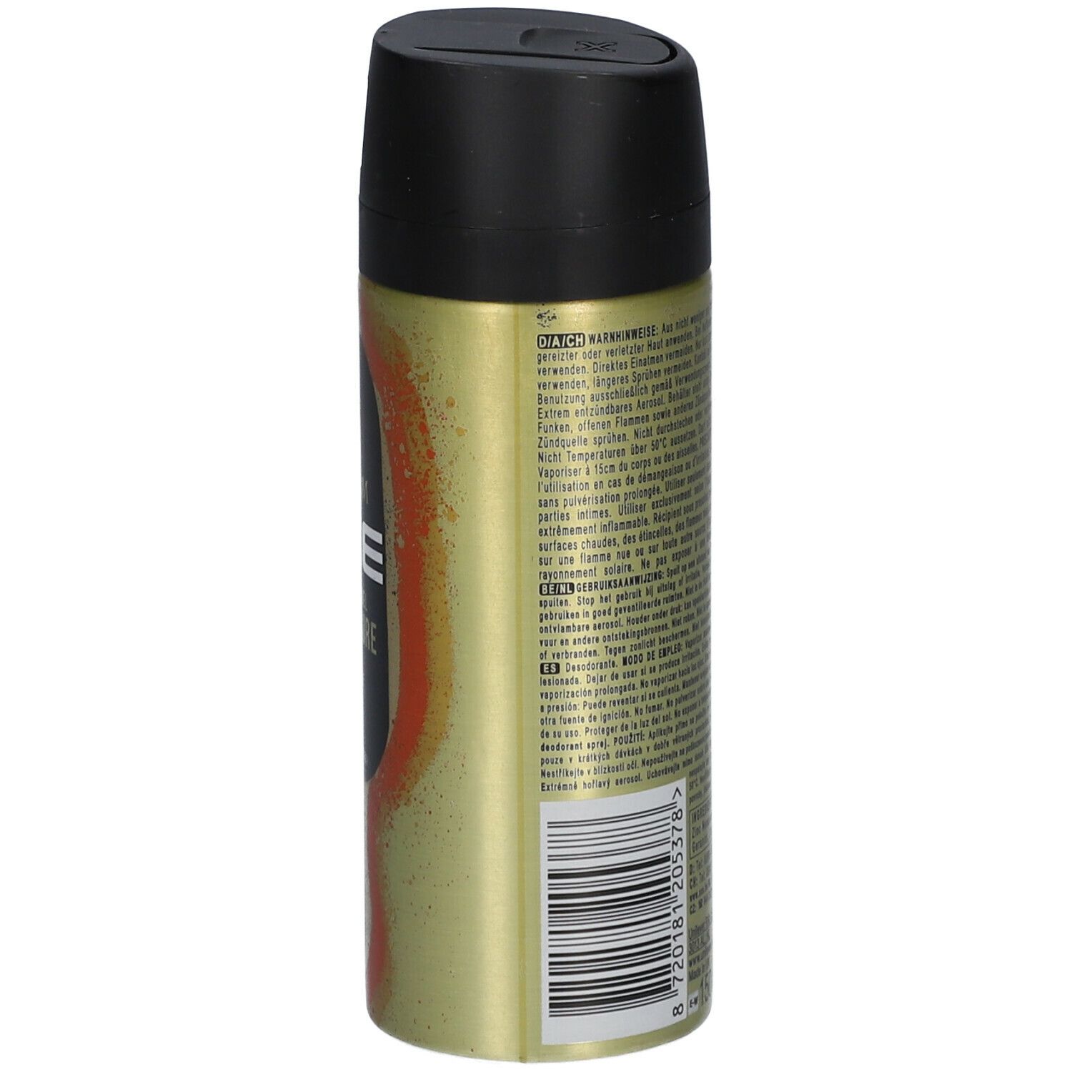 Achterkant van de deodorant spraybus. Tekst in meerdere talen. Waarschuwingen en ingrediënten. Gouden achtergrond met bruine accenten.