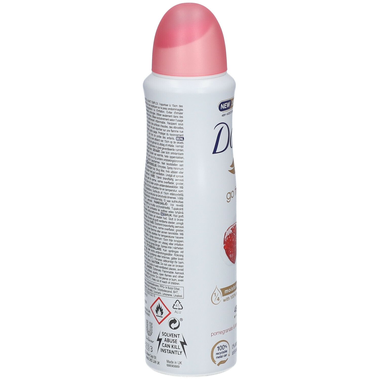 Achterkant deodorant spray met tekst. Waarschuwingen en logo's. Dove, go fresh, granaatappel & citroenverbena. 48u bescherming.