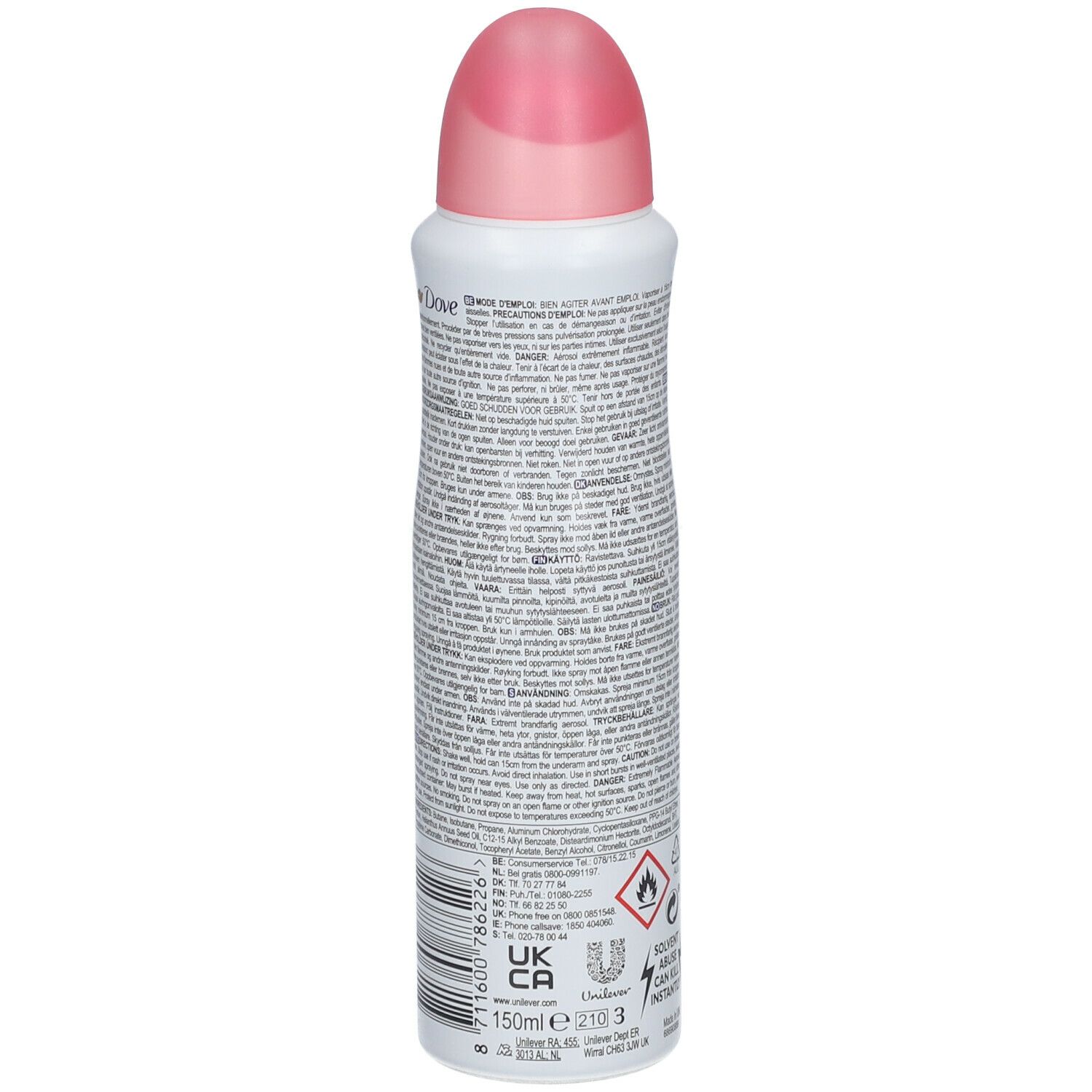Achterkant deodorant spray met tekst. Waarschuwingen en logo's. Dove, go fresh, granaatappel & citroenverbena. 150ml.