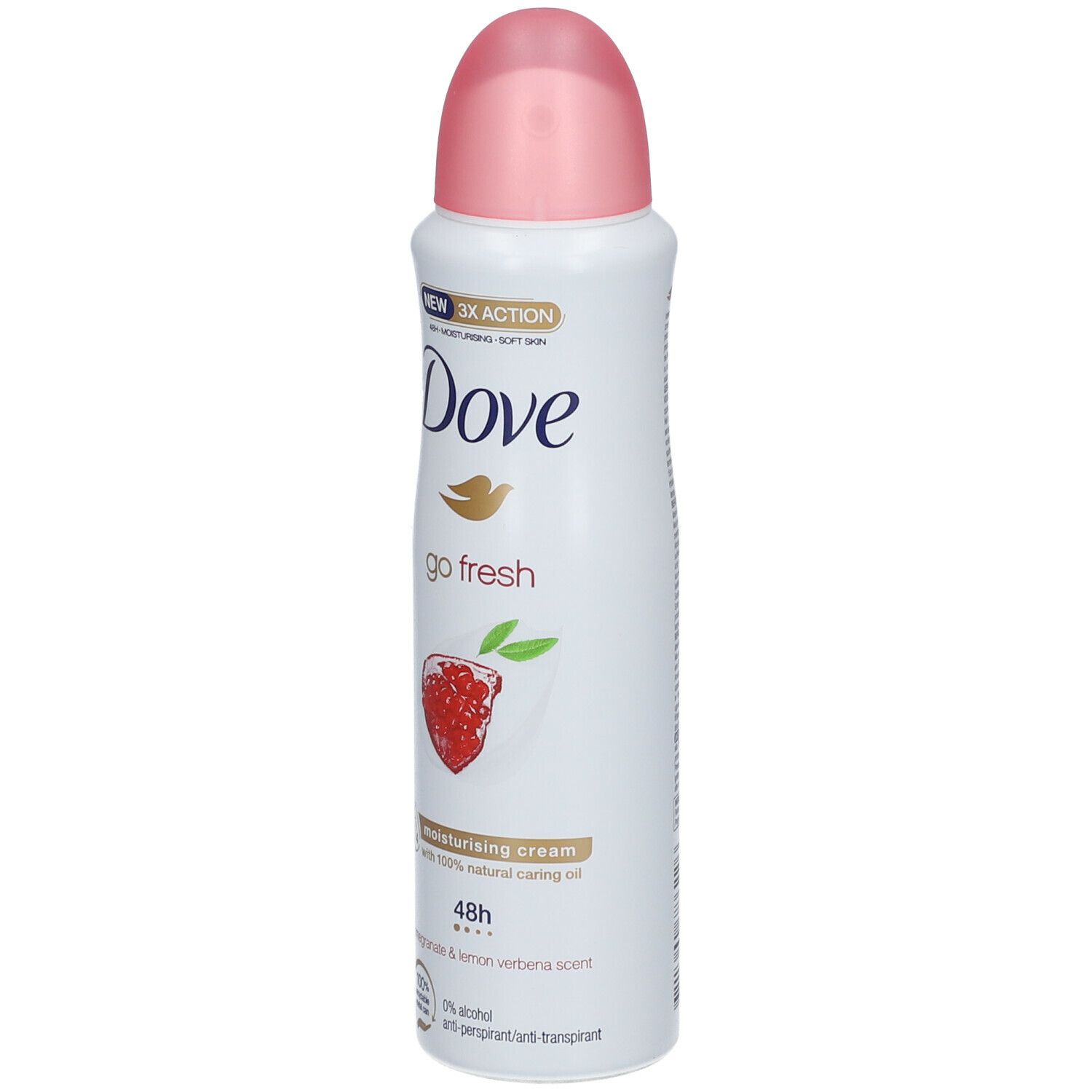 Witte deodorant spray met roze dop. Opschrift Dove, go fresh, granaatappel & citroenverbena geur. 48u bescherming.