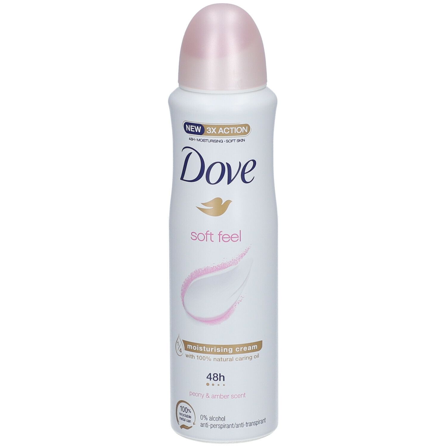 Spray déodorant blanc avec bouchon rose. Logo Dove et texte « soft feel ». Protection 48h. Parfum pivoine et ambre.