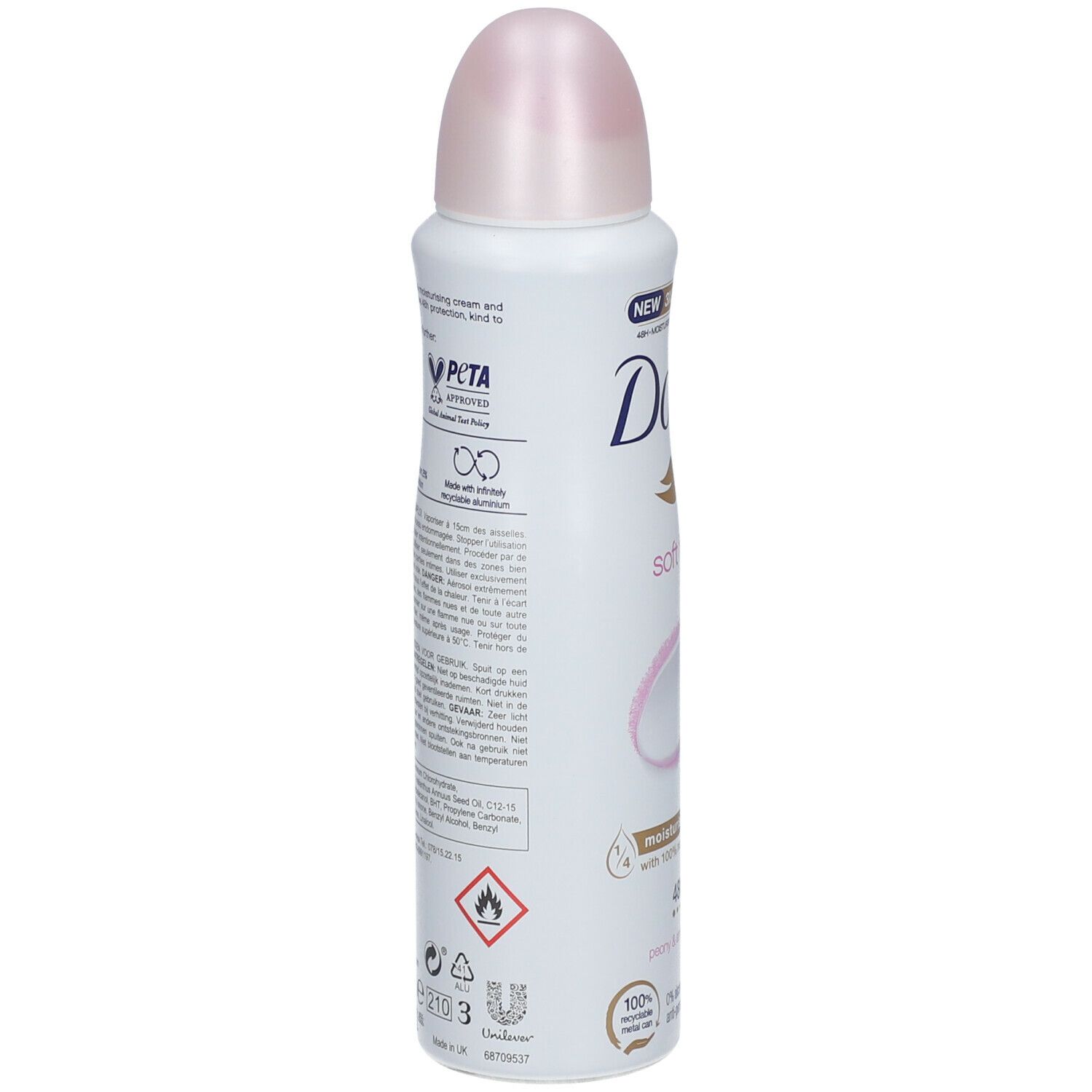 Spray déodorant blanc, vue arrière. Bouchon rose. Logo Dove. Logo PETA. Texte et symboles. Avertissement : inflammable.