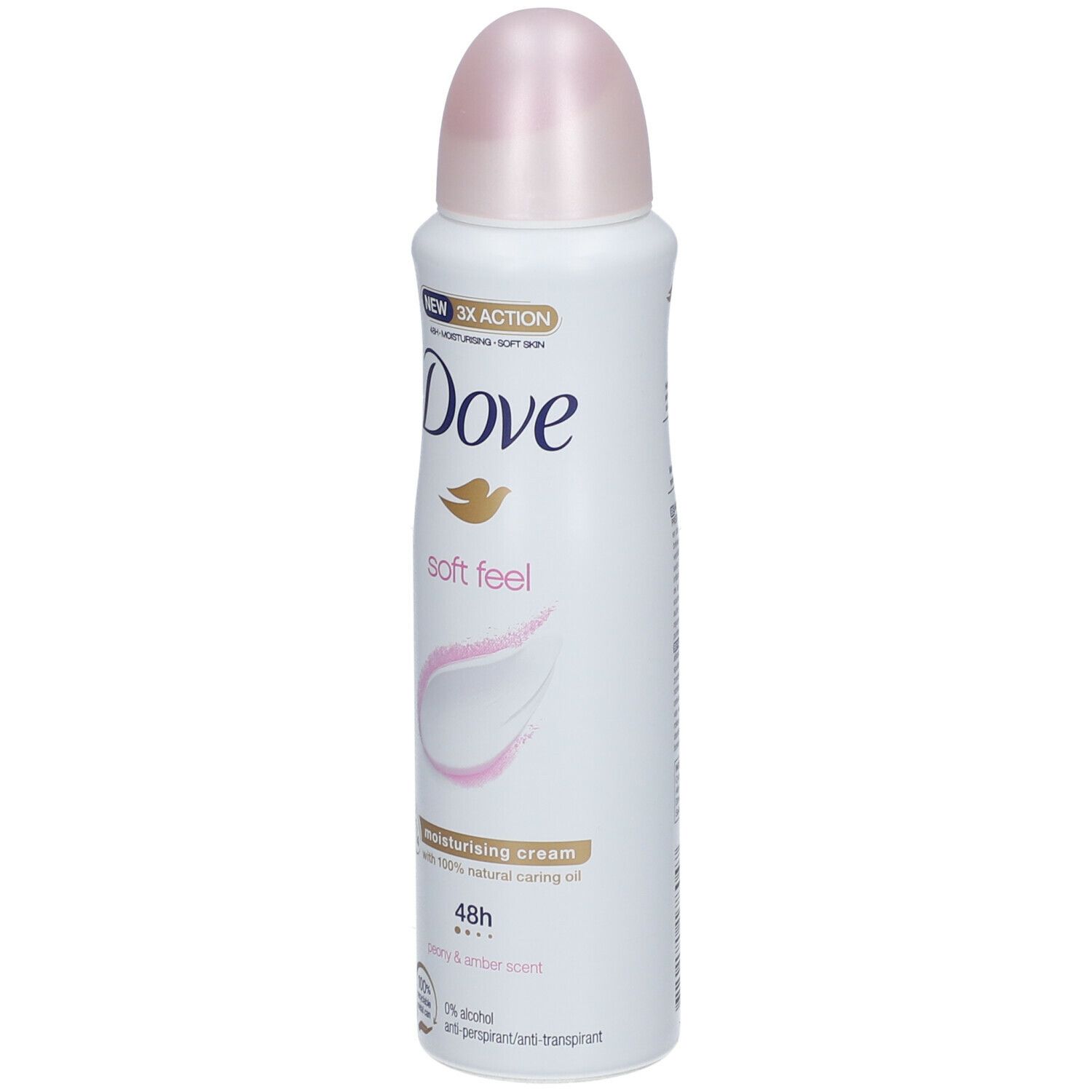 Spray déodorant blanc avec bouchon rose. Logo Dove et texte « soft feel ». Protection 48h. Parfum pivoine et ambre.