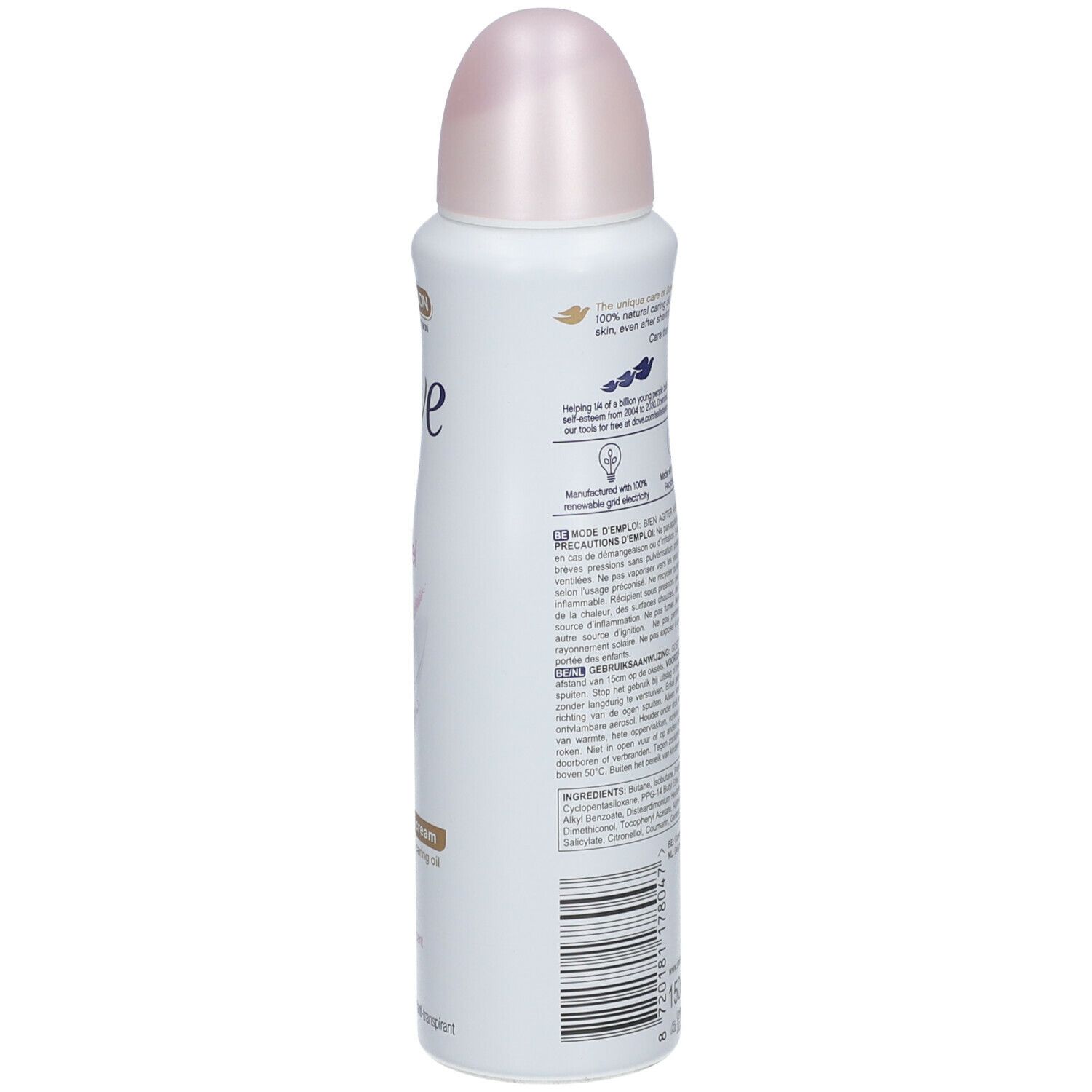Spray déodorant, vue arrière. Boîtier blanc, bouchon rose. Texte et symboles. Logo PETA. Ingrédients. Code-barres.