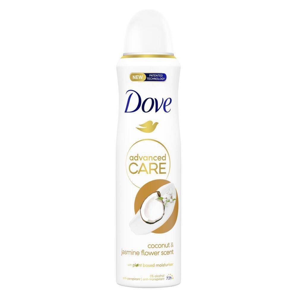Witte deodorant spray met witte dop. Opschrift Dove, Advanced Care, kokosnoot & jasmijn bloemengeur.