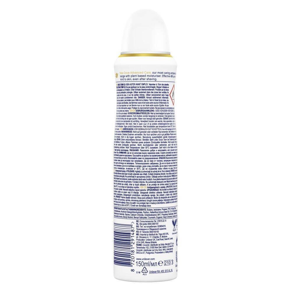 Achterkant van de deodorant spray. Tekst in meerdere talen. Bevat informatie over ingrediënten en waarschuwingen.