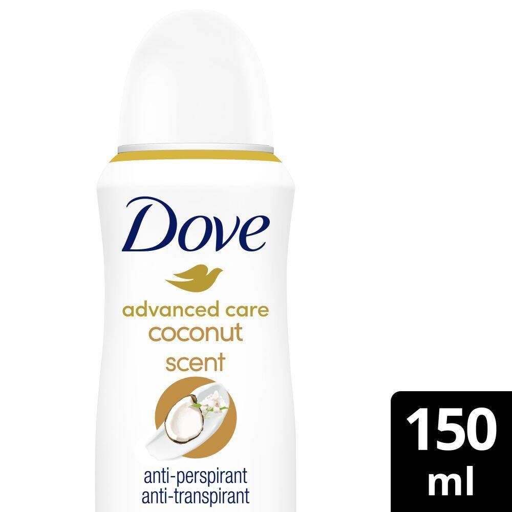 Deodorant spray, wit met witte dop. Opschrift Dove, Advanced Care, kokosnoot geur. 150 ml.