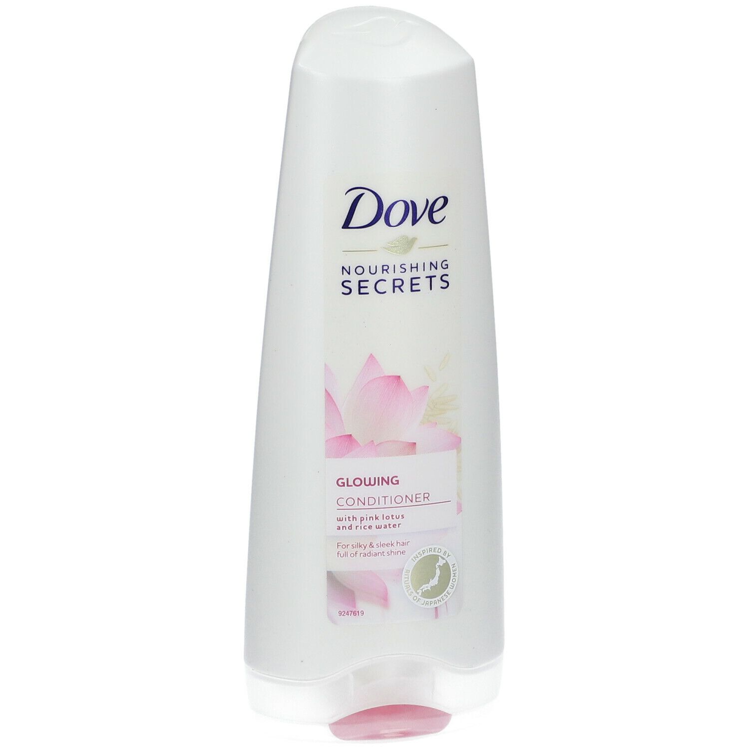 Conditionneur blanc avec motif de fleur de lotus rose. Contient le logo Dove et des informations sur le produit.