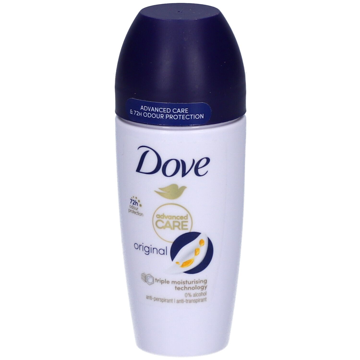 Roll-on blanc avec bouchon bleu. Logo Dove et mentions du produit. "Advanced Care" et "Original" sont visibles.