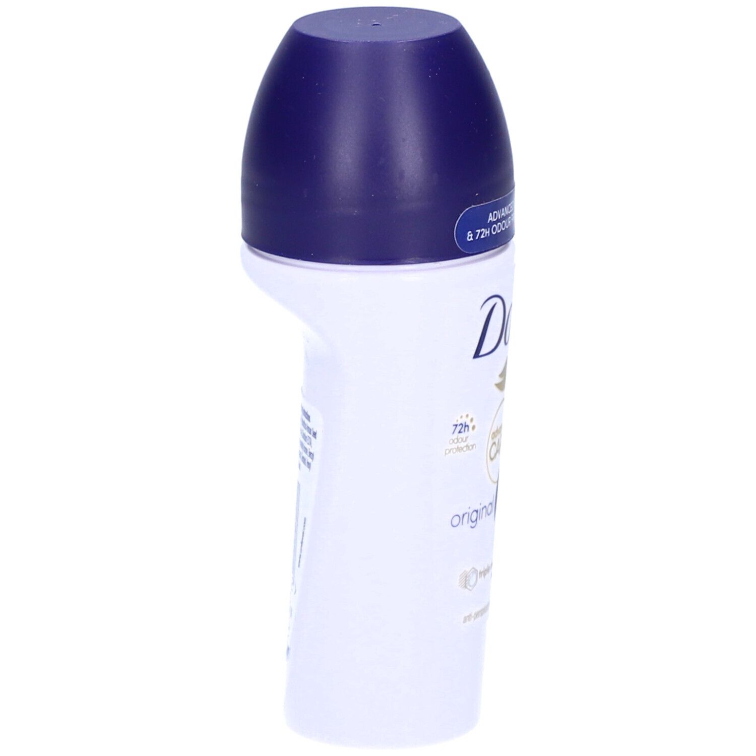Roll-on blanc avec bouchon bleu. Logo Dove et mentions du produit. Vue latérale, montrant la forme du flacon.