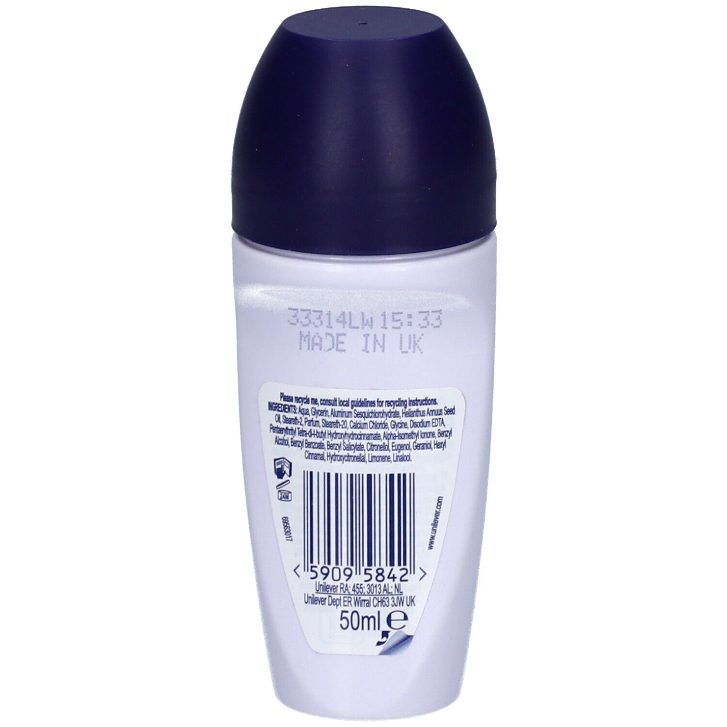 Dos d'un roll-on blanc. Code-barres, ingrédients et indication de volume 50ml. Fabriqué au Royaume-Uni.
