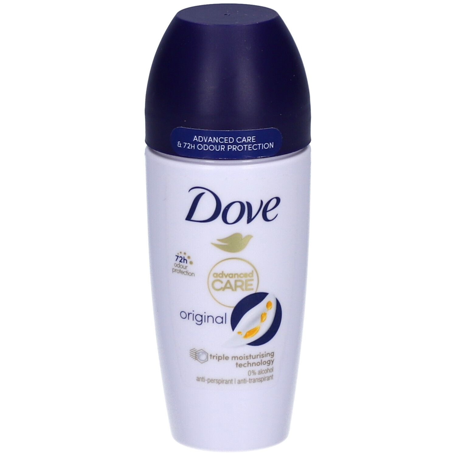 Roll-on blanc avec bouchon bleu. Logo Dove et mentions du produit. "Advanced Care" et "Original" sont visibles.