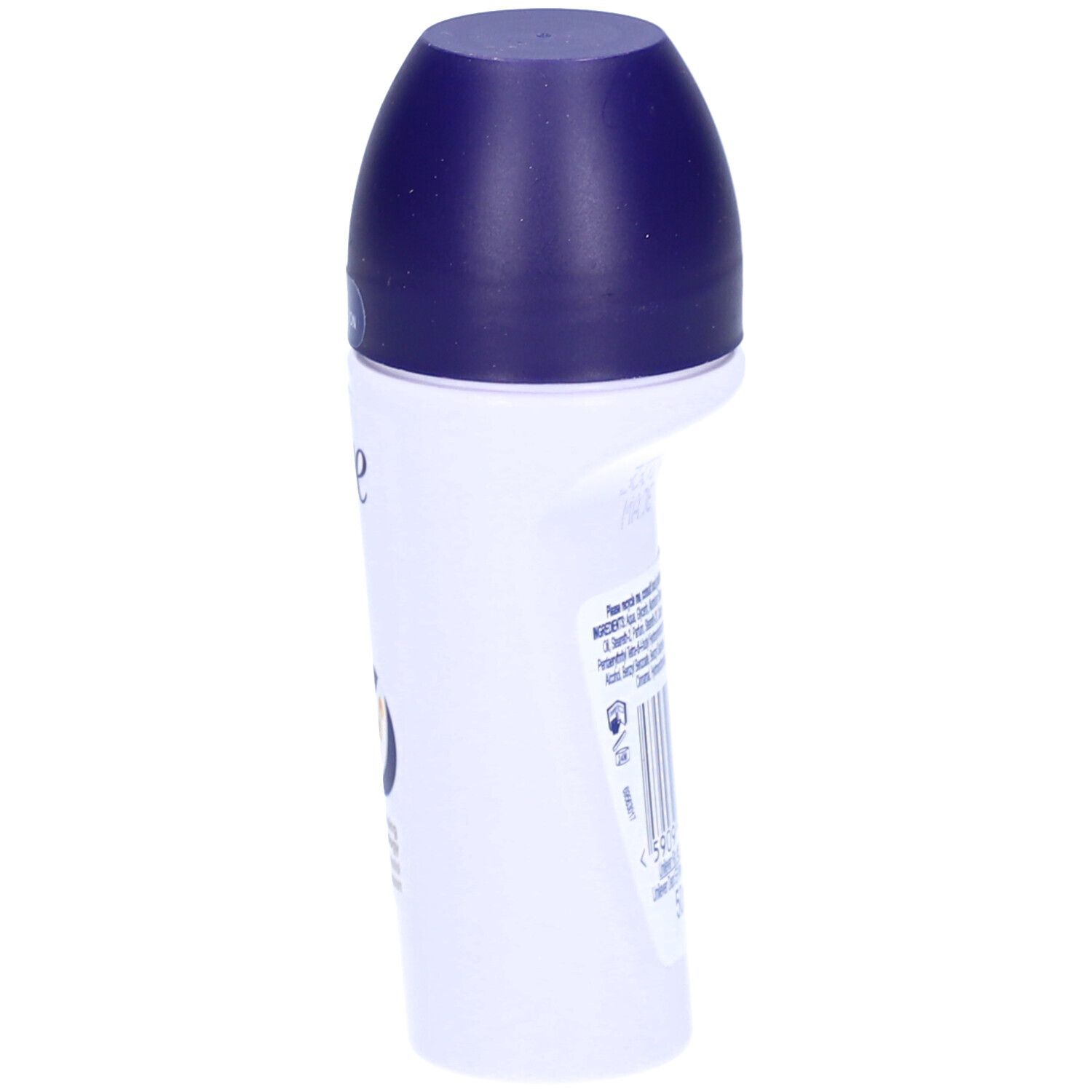 Roll-on blanc avec bouchon bleu. Logo Dove et mentions du produit. Vue latérale, montrant la forme du flacon.