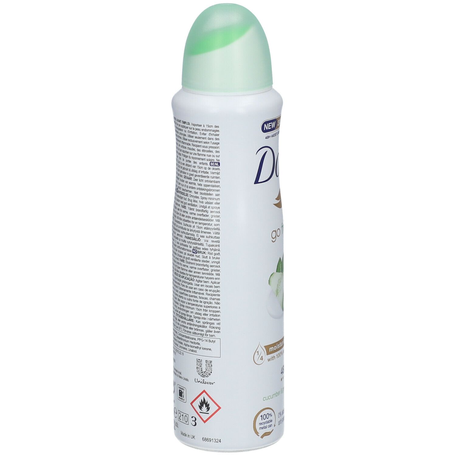 Deodorant spray, witte bus, groene dop. Achterkant met tekst. Unilever logo. Waarschuwing.