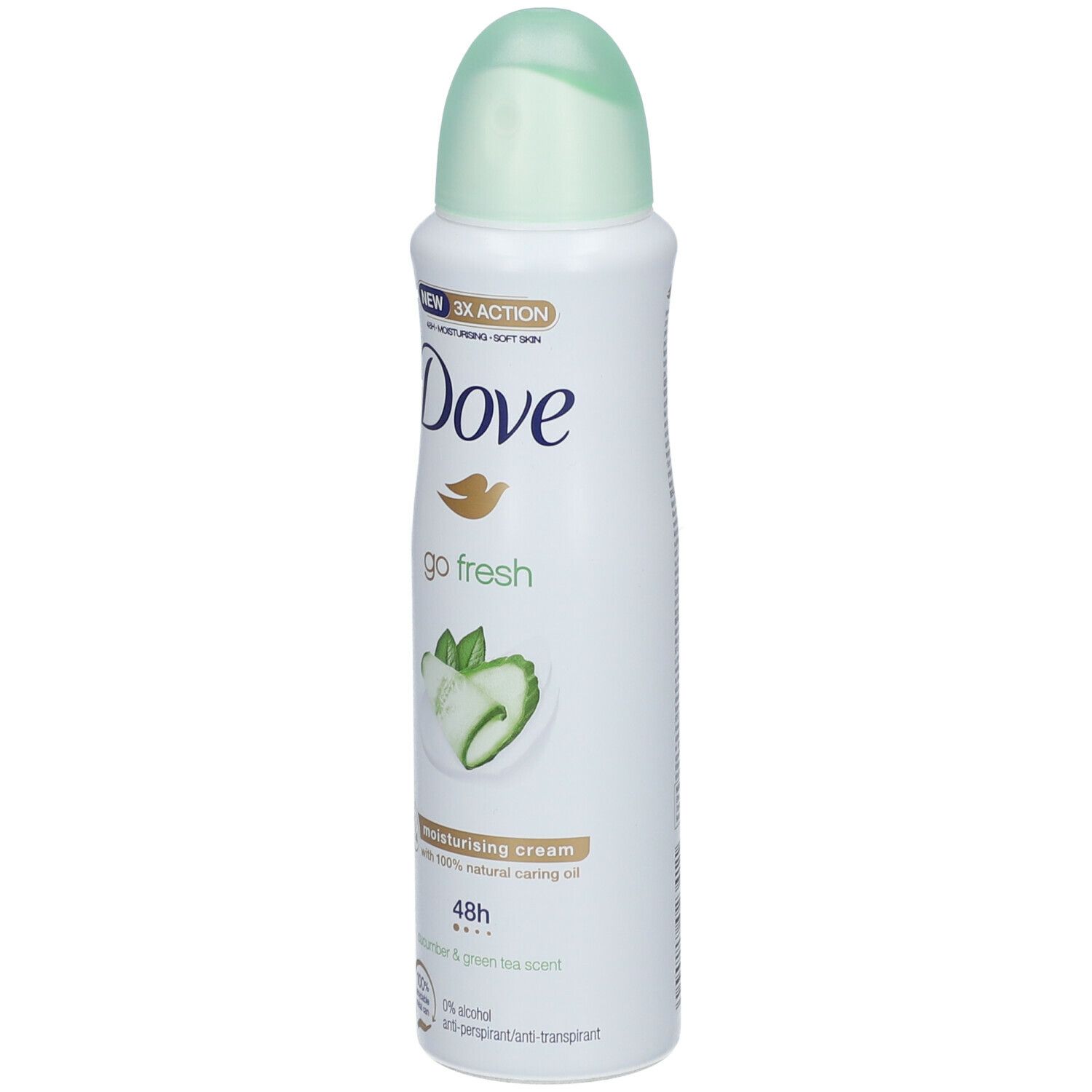 Witte deodorant spray met groene dop. Opschrift Dove, go fresh, komkommer & groene thee. 48u bescherming.