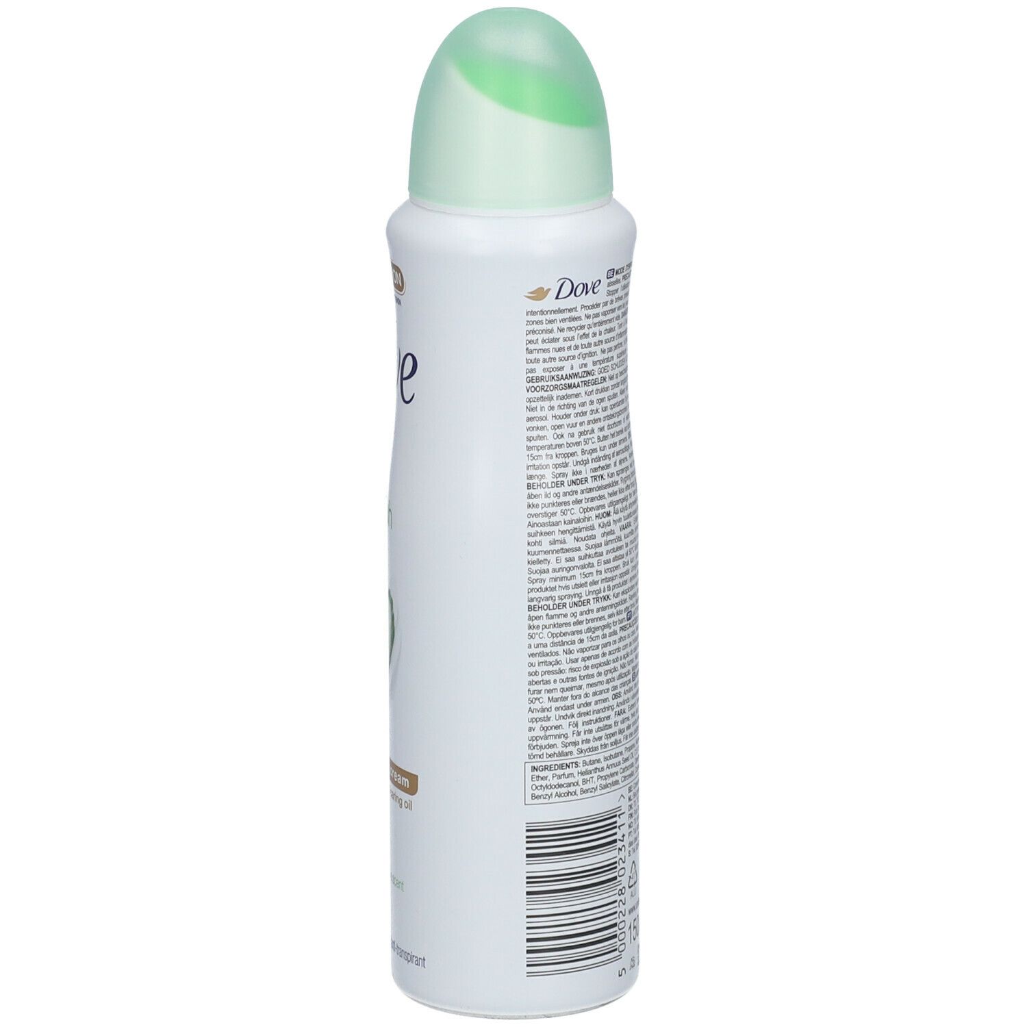Deodorant spray, witte bus, groene dop. Achterkant met tekst, barcode, volume indicatie.