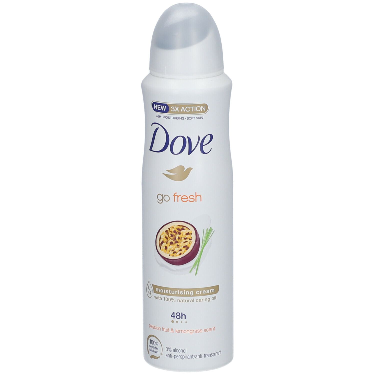 Wit deodorant spray met blauwe dop. Dove logo en productnaam. Illustratie van passievrucht en citroengras. 48u werking.
