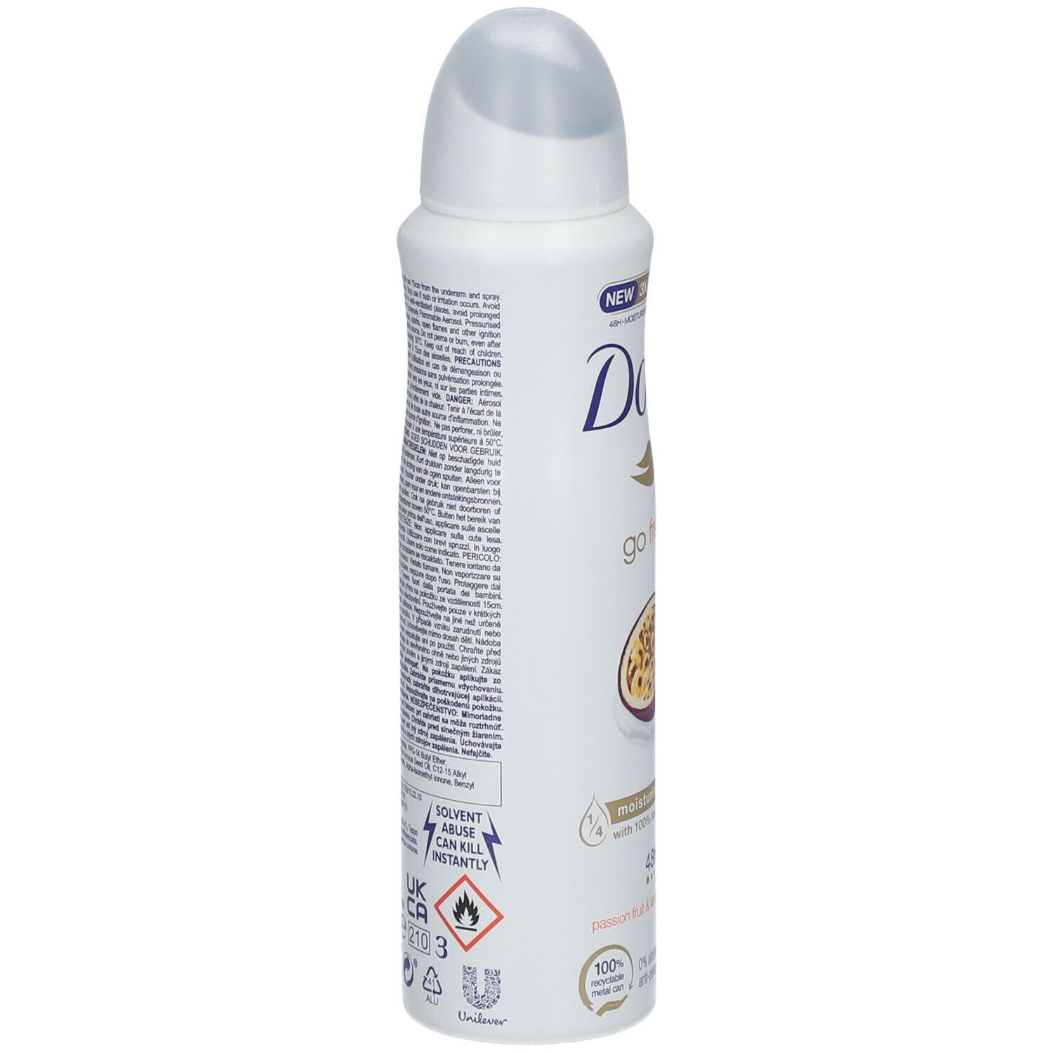 Witte deodorant spray, zijaanzicht. Tekstinformatie op de achterkant. Bevat waarschuwingen en veiligheidsinformatie.