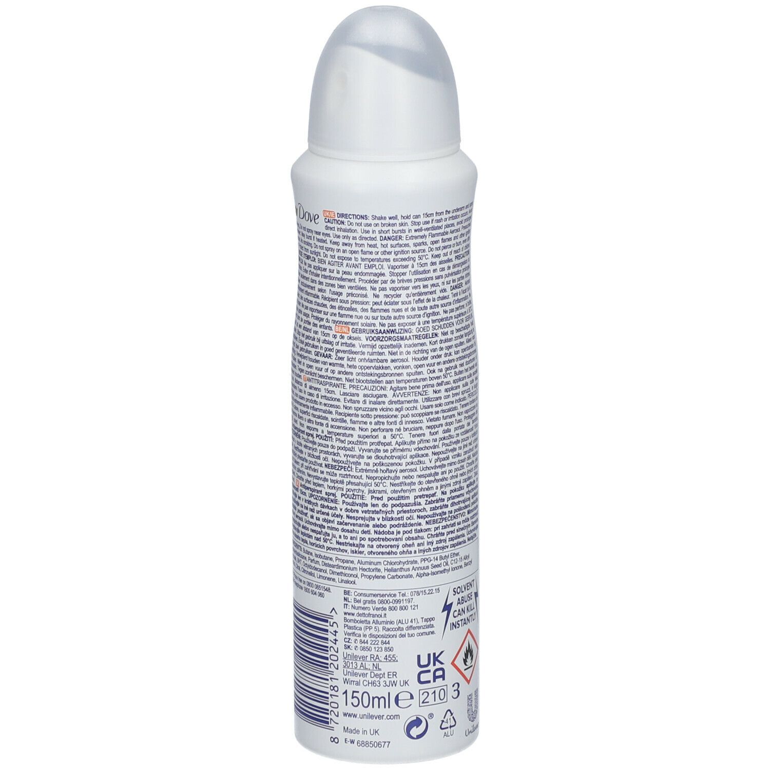 Witte deodorant spray, achteraanzicht. Tekstinformatie, waarschuwingen en ingrediënten. Volume: 150ml.