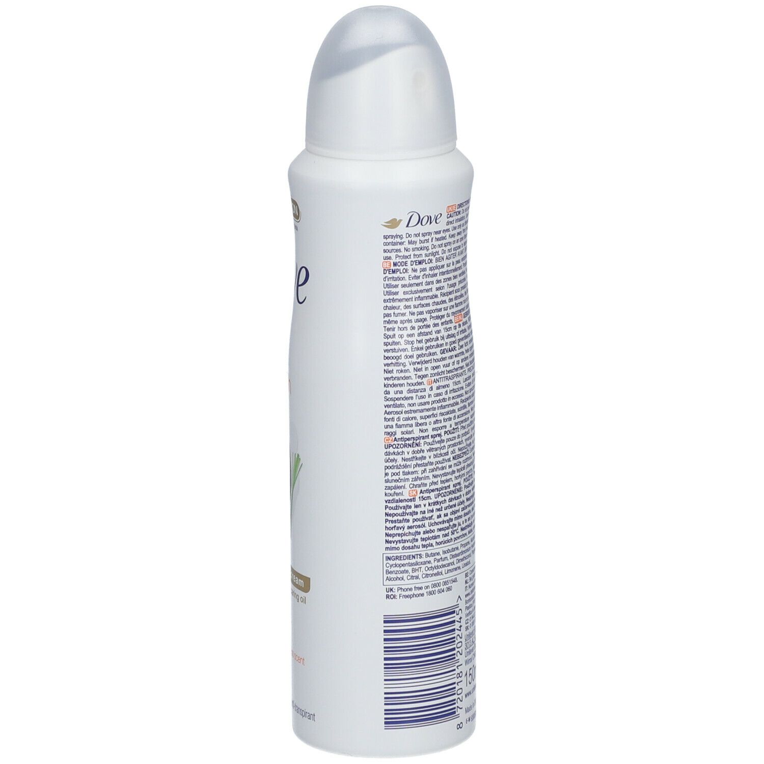 Witte deodorant spray, zijaanzicht. Tekstinformatie op de achterkant. Dove logo zichtbaar.