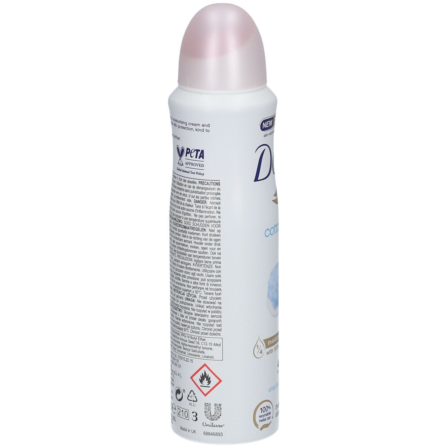 Dos du spray Dove Cotton Soft. Bouteille blanche. Texte et symboles: PETA, avertissements, symbole de recyclage.