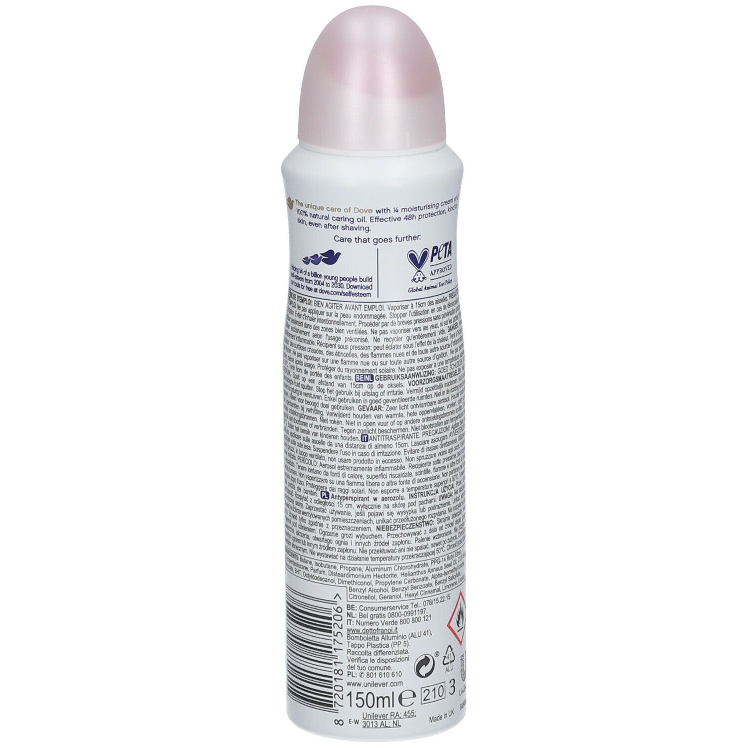 Dos du spray Dove Cotton Soft. Bouteille blanche. Texte et symboles: PETA, avertissements, 150ml, symbole de recyclage.