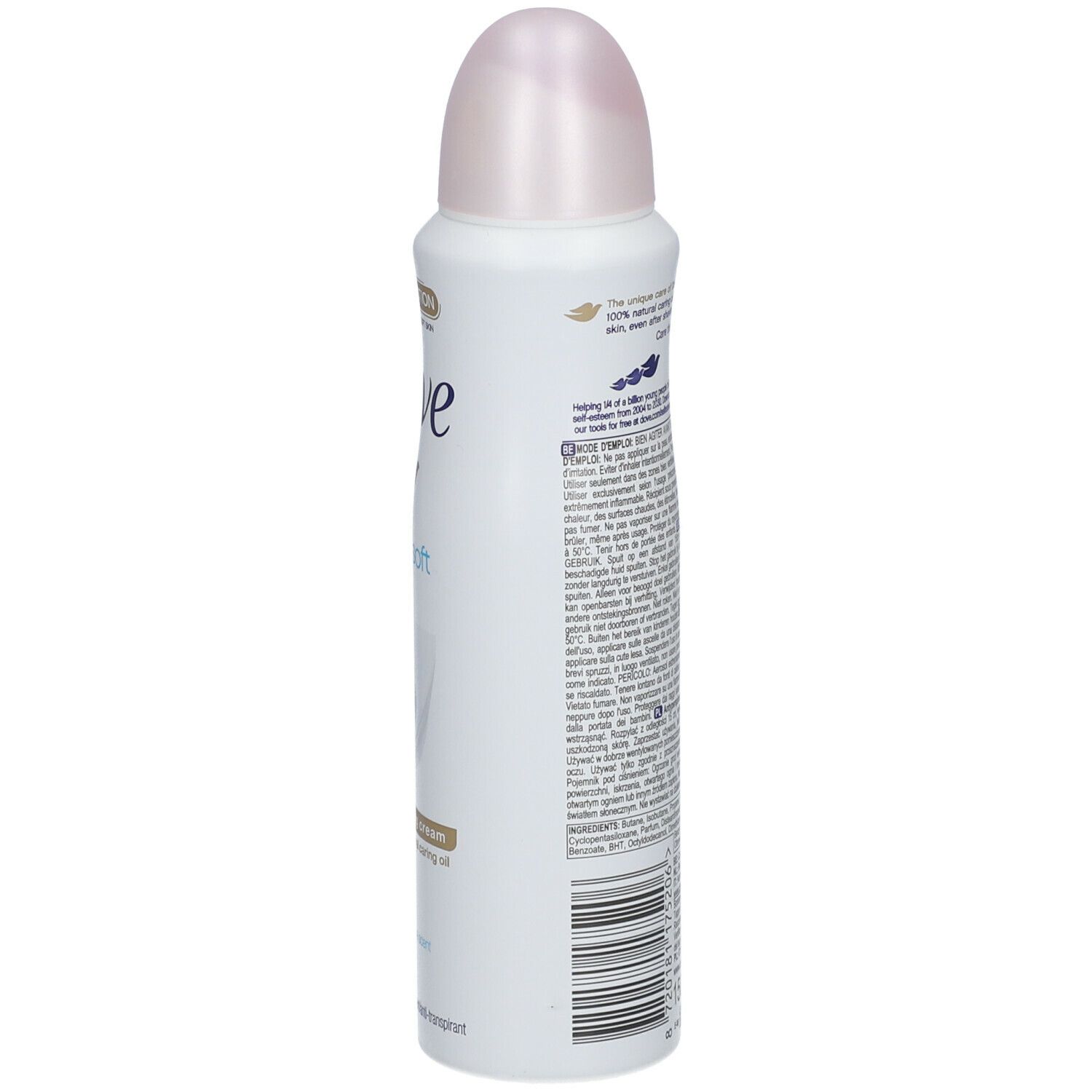 Dos du spray Dove Cotton Soft. Bouteille blanche. Texte et symboles: PETA, avertissements, symbole de recyclage.