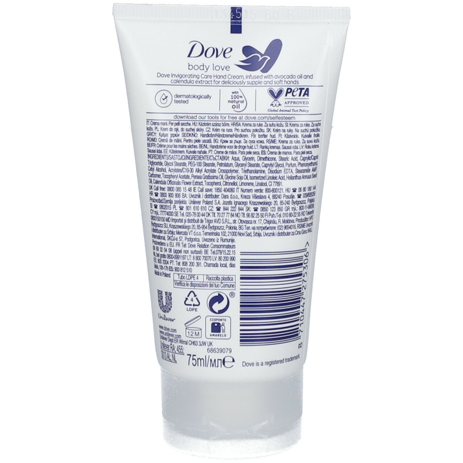 Achterkant tube. Tekst: Dove Body Love, ingrediënten, logo's, recyclingsymbolen, PETA-logo, dermatologisch getest.