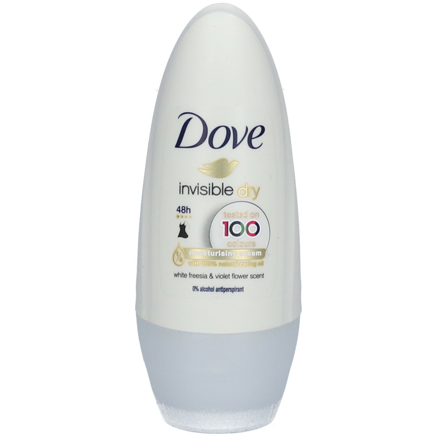Witte Dove Invisible Dry roll-on deodorant. Dove logo en 'invisible dry' tekst. Bevat '48h' bescherming en 'tested on 100 colors'.