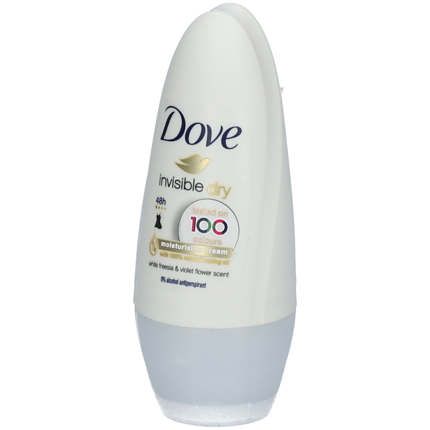 Witte Dove Invisible Dry roll-on deodorant. Dove logo en 'invisible dry' tekst. Bevat '48h' bescherming en 'tested on 100 colors'.