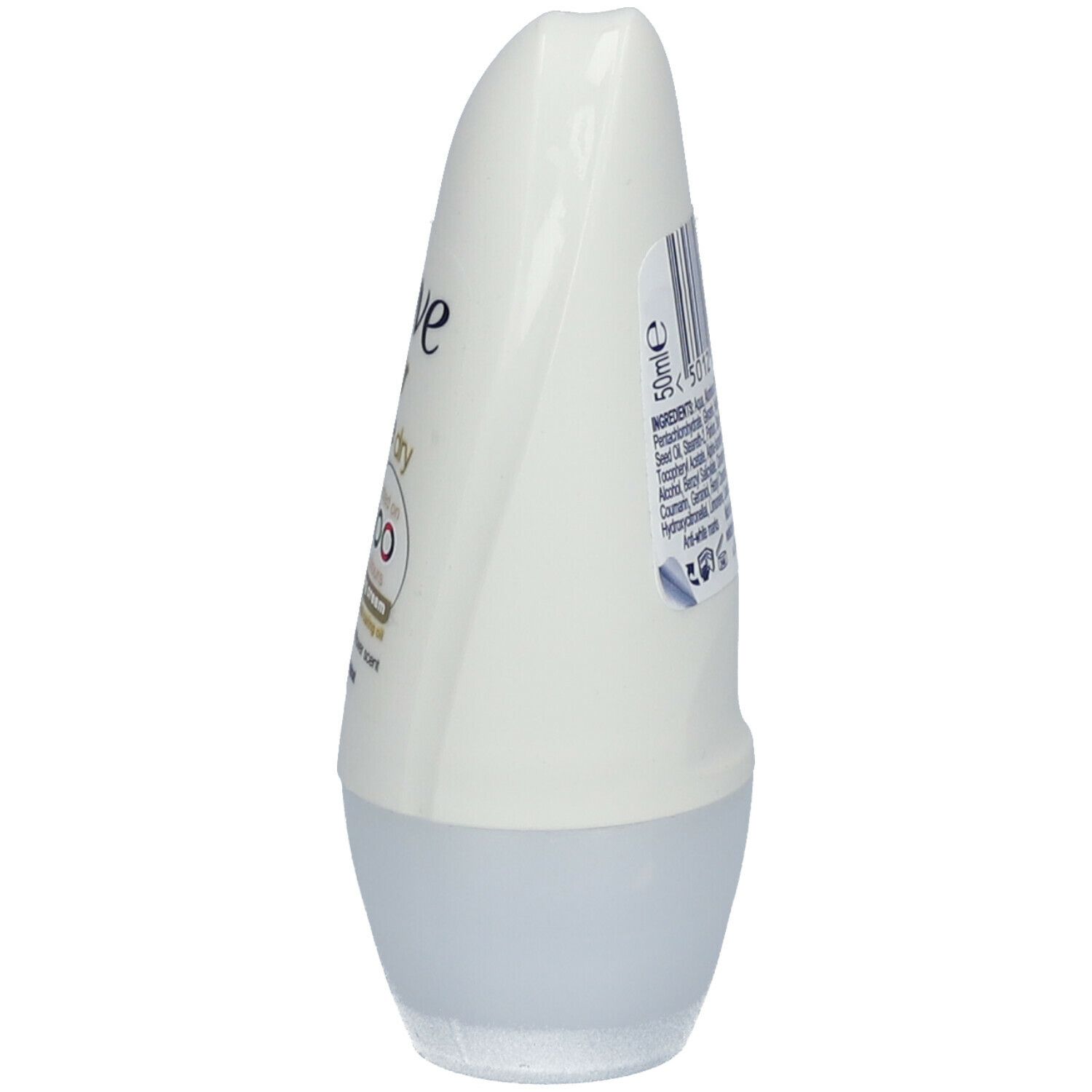 Zijaanzicht van de witte roll-on deodorant. Barcode en ingrediënten gedeeltelijk zichtbaar. Dove logo en 'invisible dry' tekst niet zichtbaar.