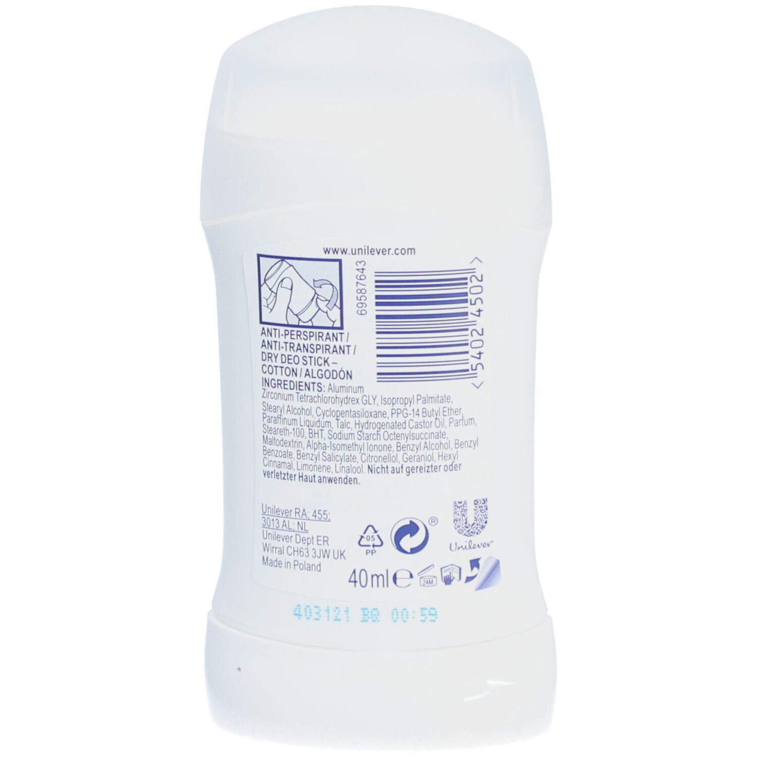 Dos d'un stick déodorant blanc. Contient du texte, un code-barres et des informations sur les ingrédients et le fabricant.