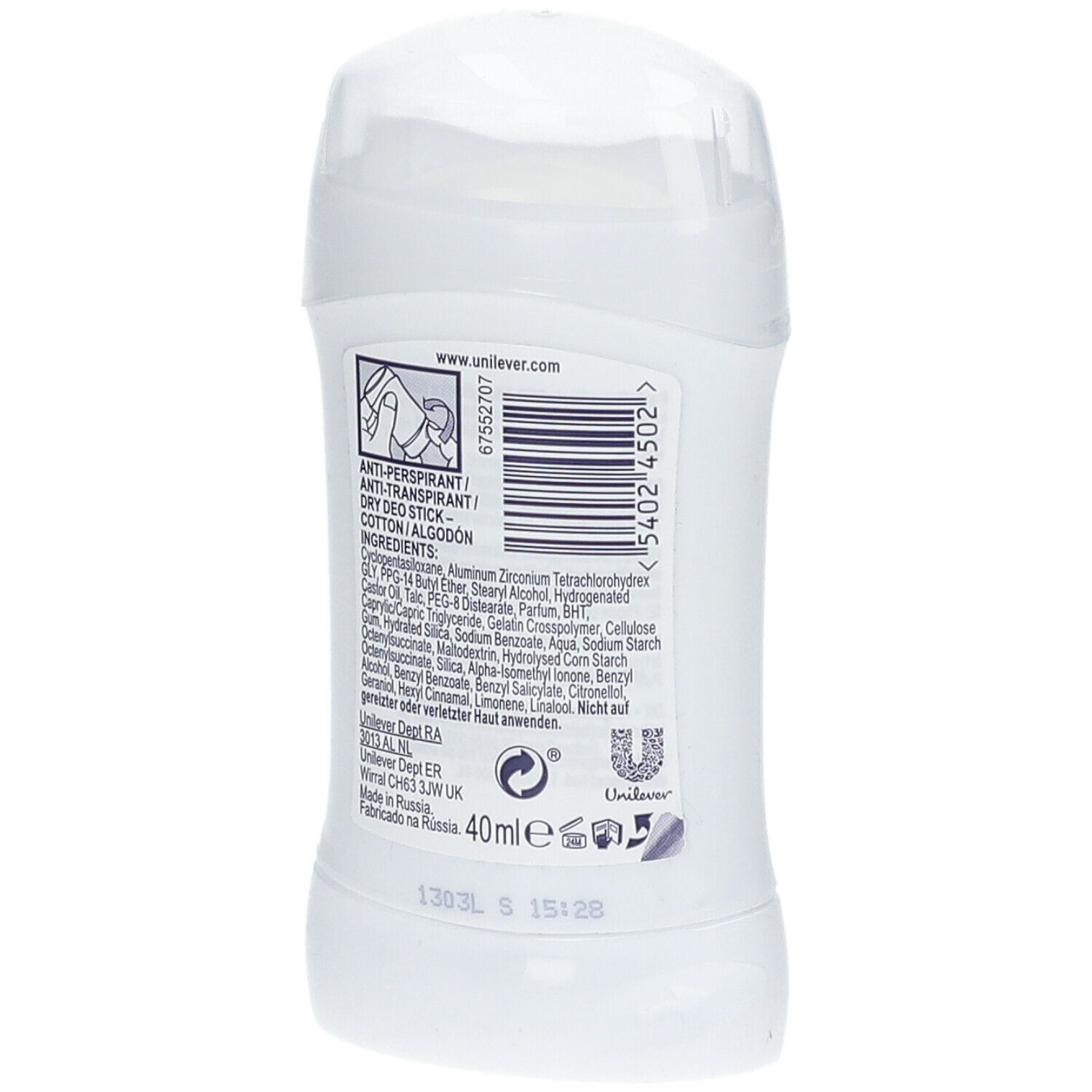 Dos d'un stick déodorant blanc. Contient du texte, un code-barres et des informations sur les ingrédients et le fabricant.