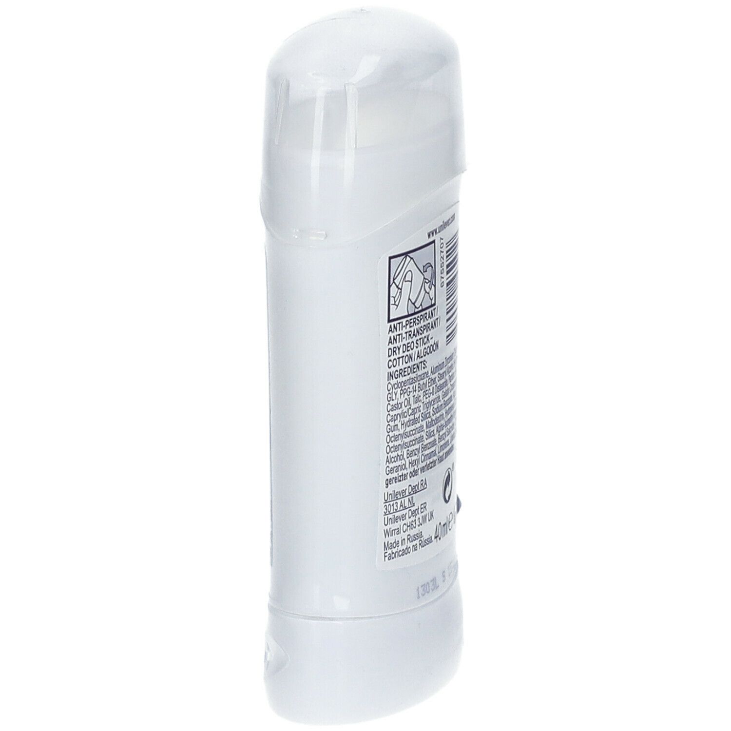 Stick de déodorant blanc, légèrement en biais vu de côté. Contient du texte et des informations au dos.