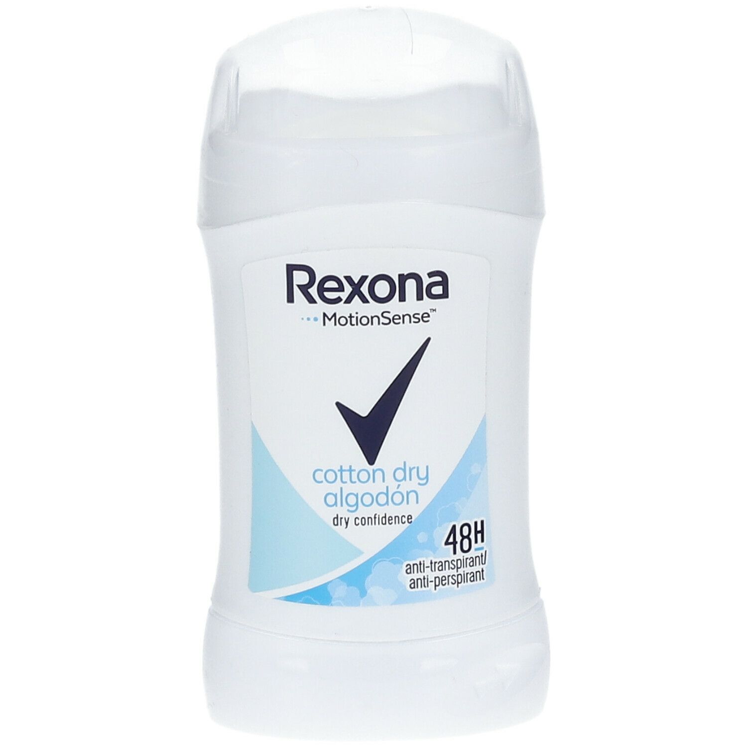 Stick de déodorant blanc avec graphiques bleus et texte. Inscription "Rexona MotionSense Cotton Dry Confidence".