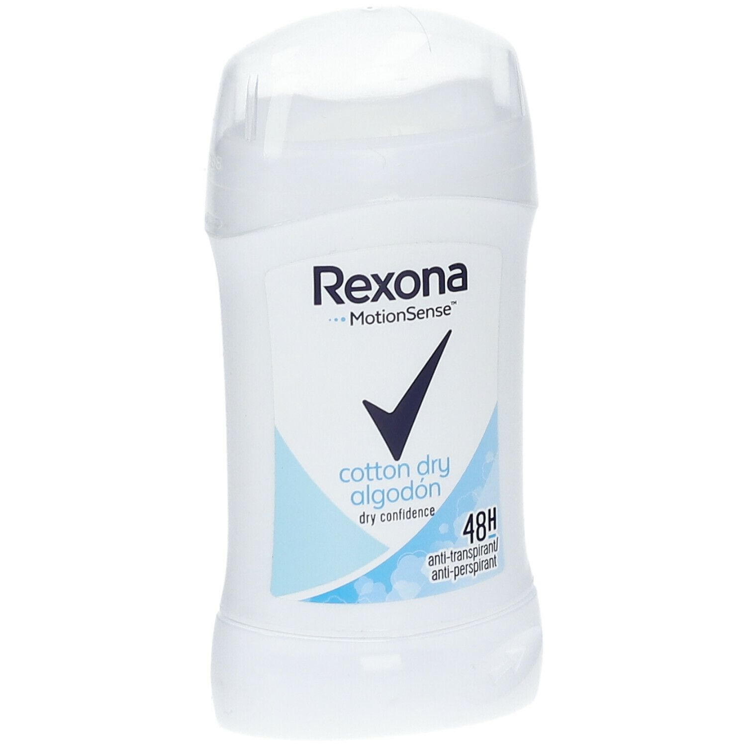 Stick de déodorant blanc avec graphiques bleus et texte. Inscription "Rexona MotionSense Cotton Dry Confidence".